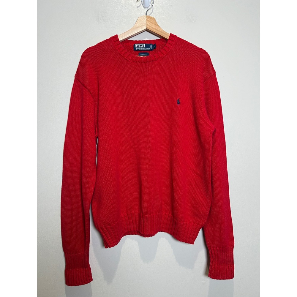 Polo Ralph Lauren Crew Neck Sweater Mens L Red Classic Pony Logo Cotton Knit